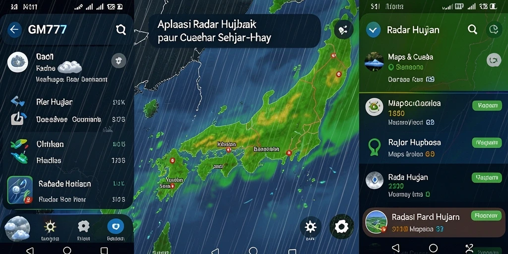 Antarmuka aplikasi GM777 yang menunjukkan peta radar hujan terkini.