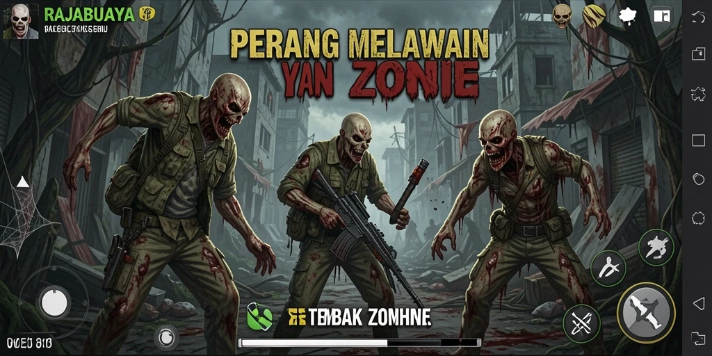 Antarmuka permainan RAJABUAYA dengan aksi tembak menembak zombie.
